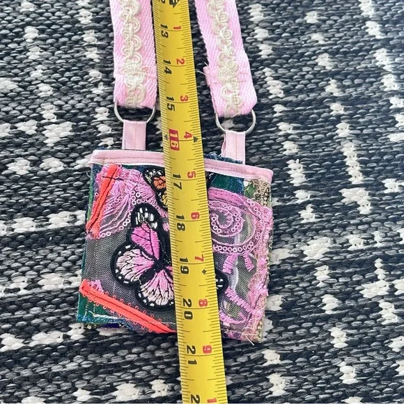 Fabric Collage Wallet Hand Crafted Pink and Black Butterfly Bag Purse Necklace - Picture 4 of 10